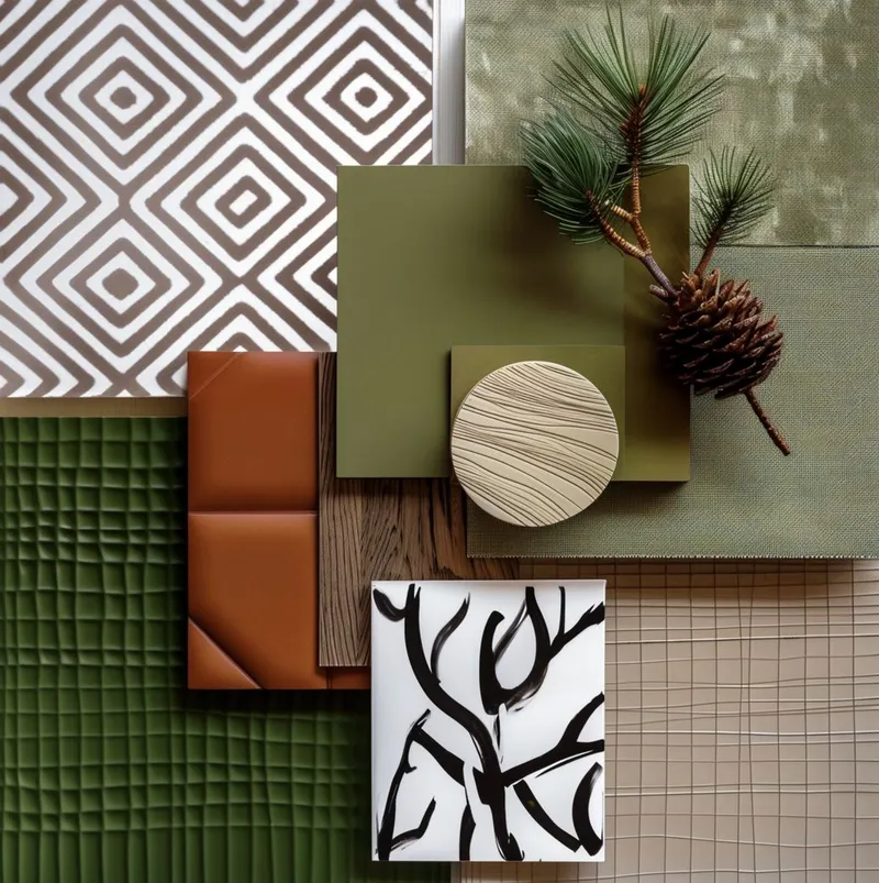 Moodboard: materialprøver i olivengrønt og konjakk: mønstrede fliser, skinn, tre og en furugrein