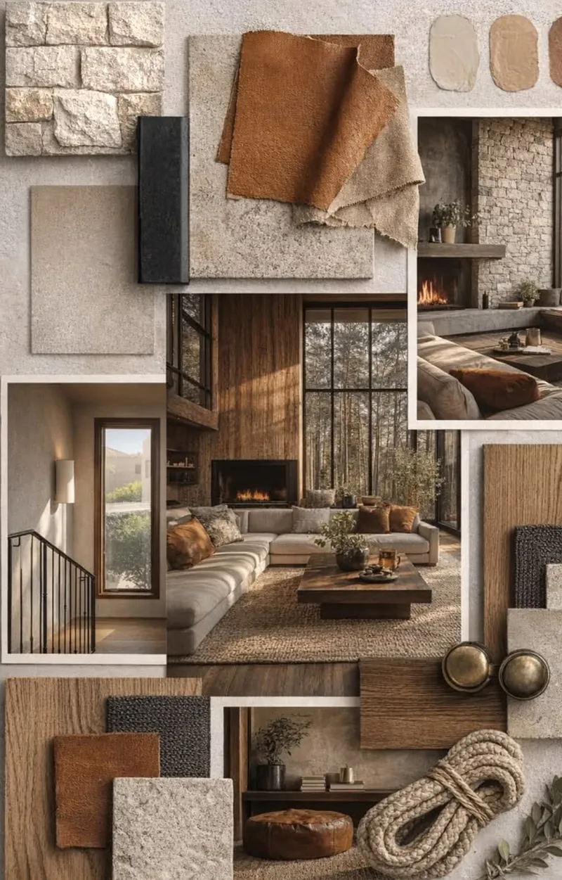 Moodboard: kollasj av stein, skinn, tre og tau sammen med bilder av en stue med peis og store vinduer